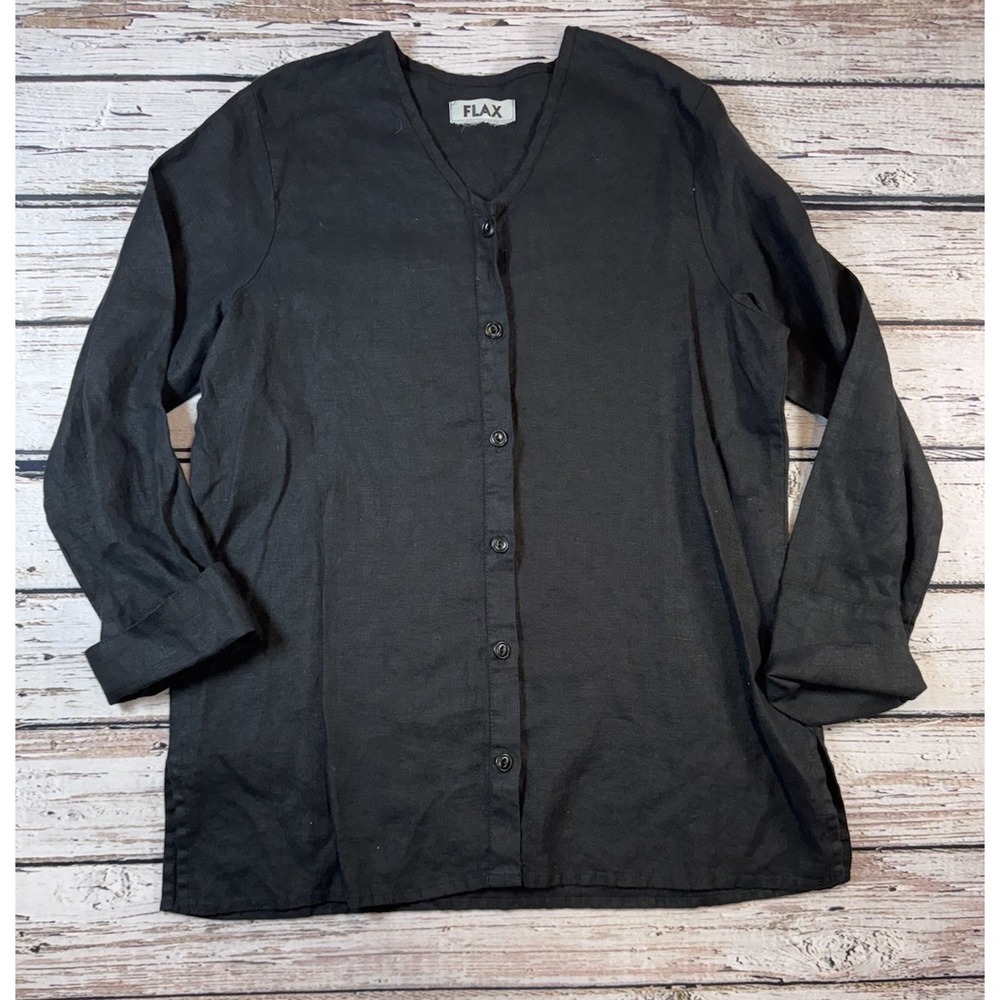 FLAX Button Front‎ Tunic Top Womens Black 100% Linen V-Neck Shirt Lagenlook Boho